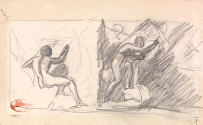 Twee schetsen - Zittend mannelijk naakt, achteraanzicht; staande figuur, gebarend
